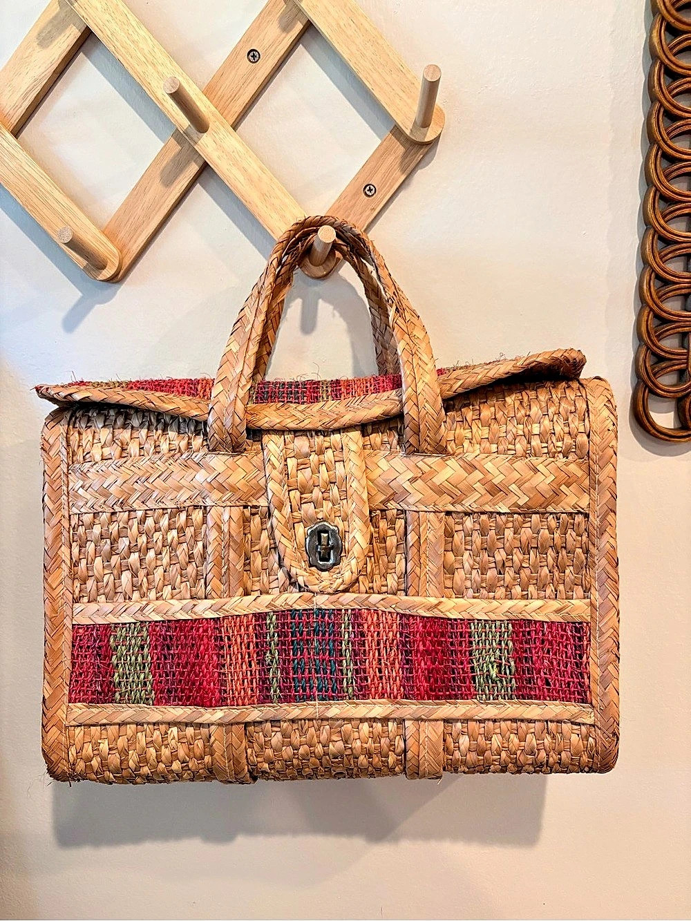 Vintage Woven Straw Tote with colorful accent